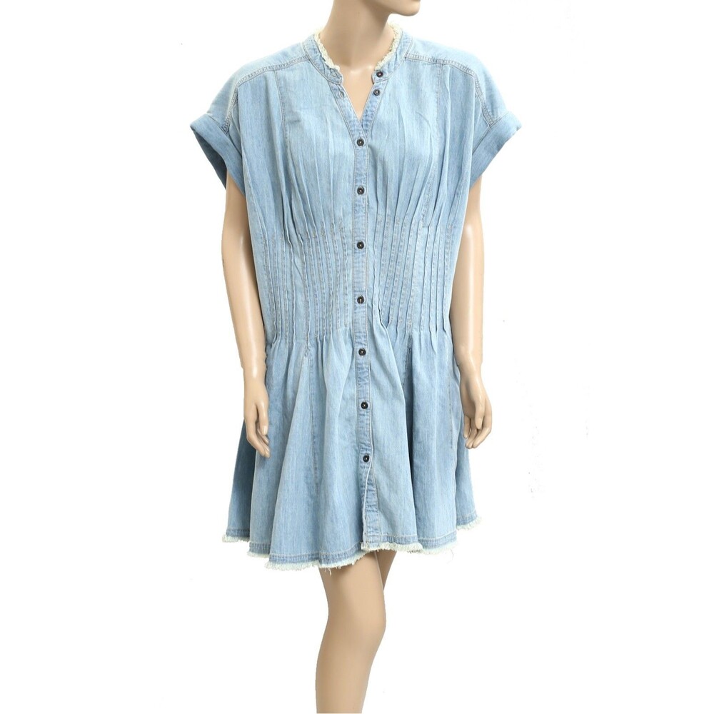 Anthropologie Pilcro Shirred-Waist Buttondown Mini Dress Denim Blue XL 283498